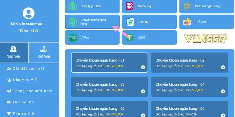 Thực hiện nạp tiền Vin777 tiện lợi qua Banking